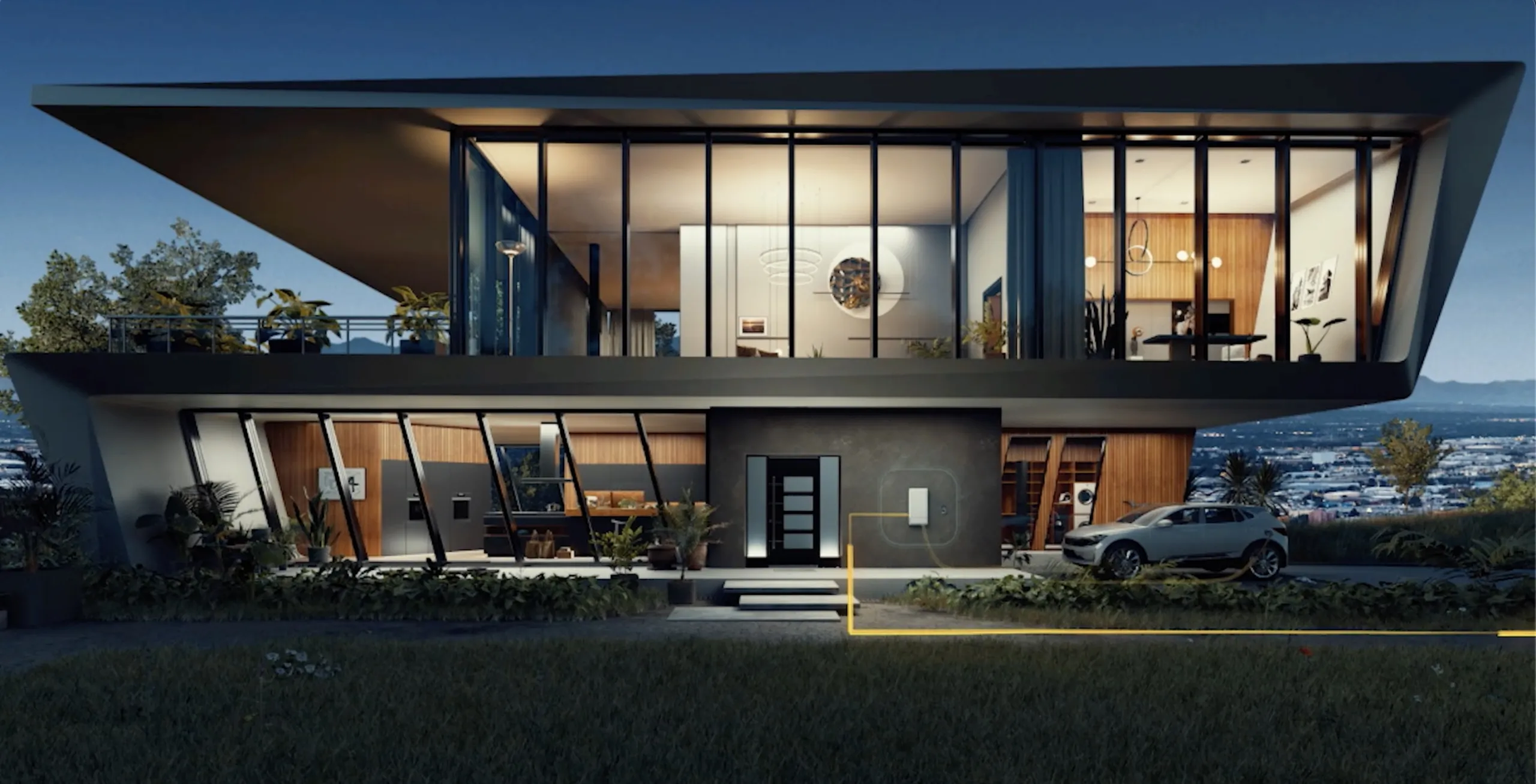 3D visualization of a modern villa with an electric car at dusk for Wallbox