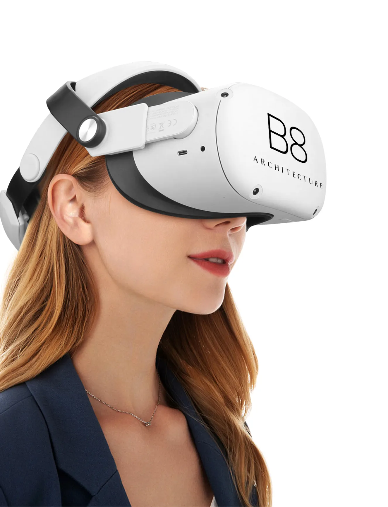 Frau mit weißer VR-Brille mit B8-Architecture-Logo für Venue XR