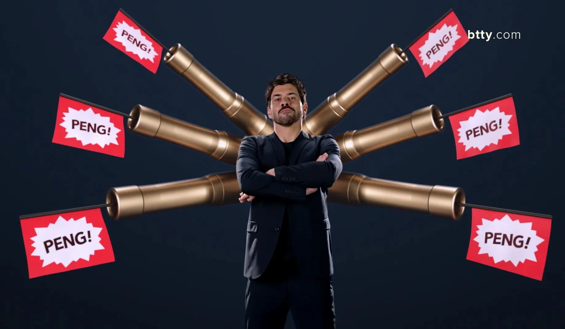 Man with folded arms between golden cannons and “Peng!” signs in the btty spot