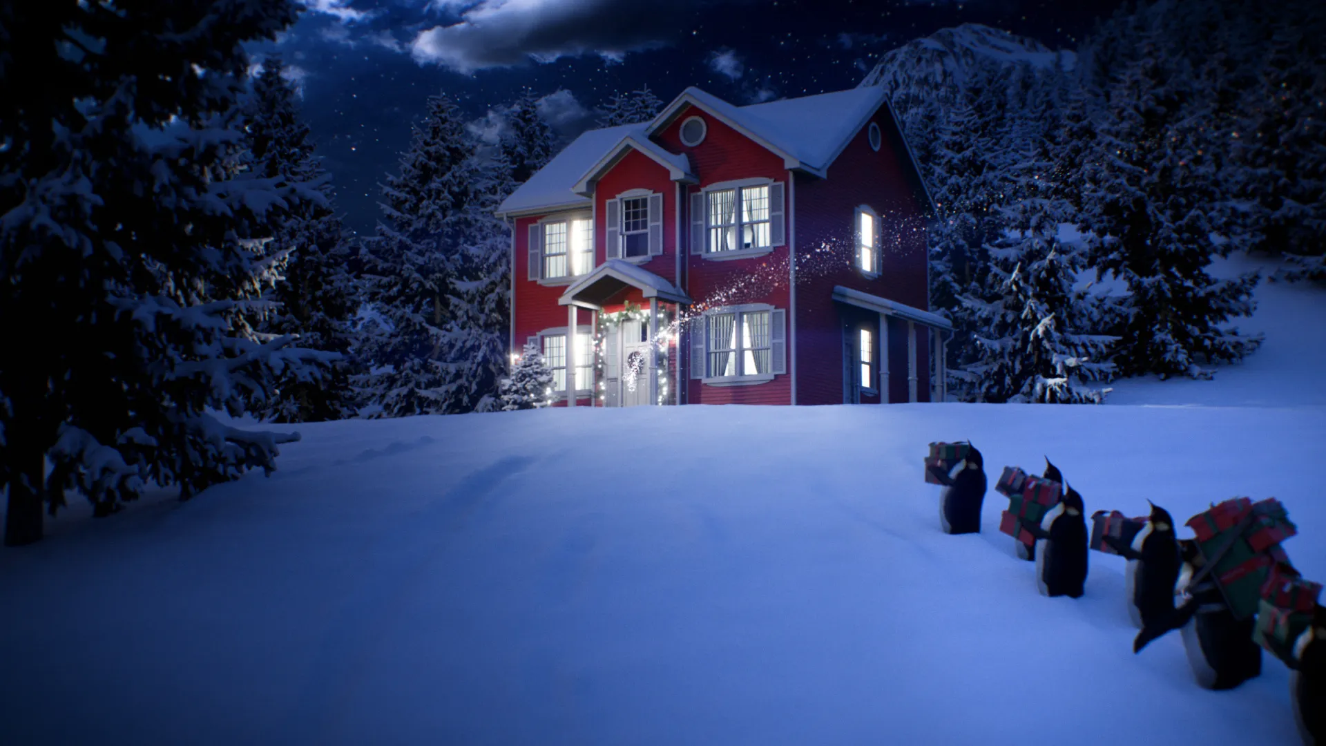 Penguins carrying gifts march towards a snowy red house at night in the P&C Christmas film