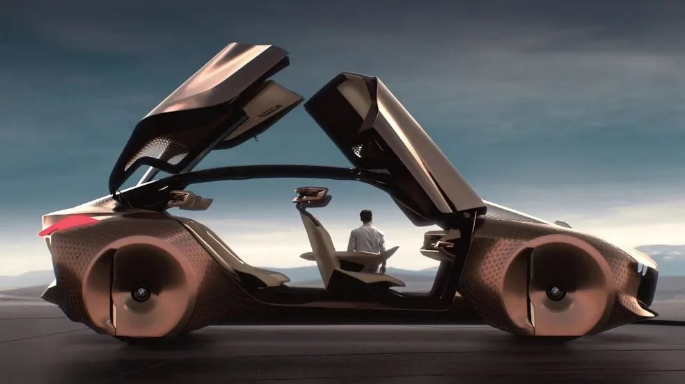 3D visualization of the BMW Vision NEXT 100 with open gullwing doors and a driver inside