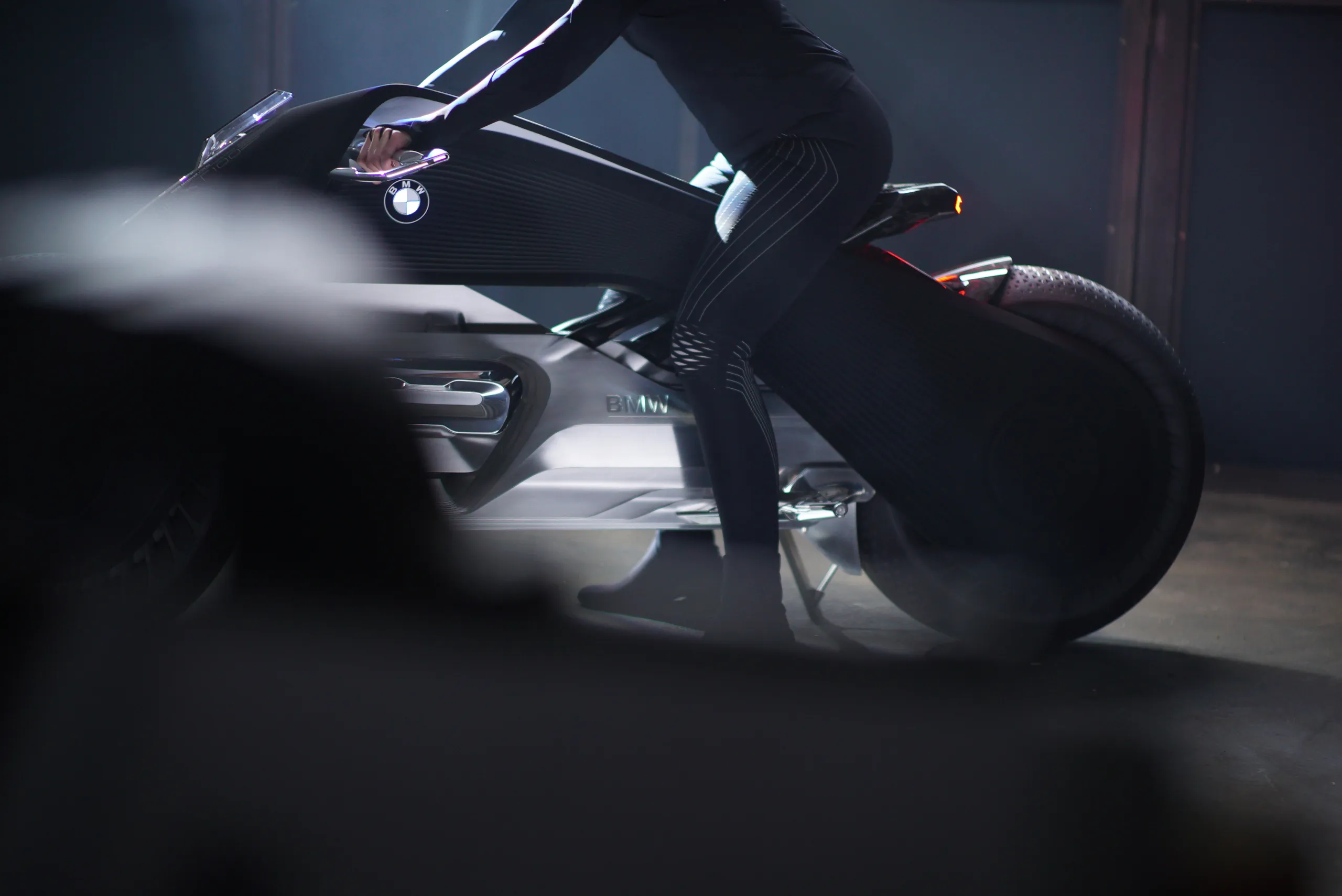 Rider on the futuristic BMW Motorrad VISION NEXT 100 during the film shoot
